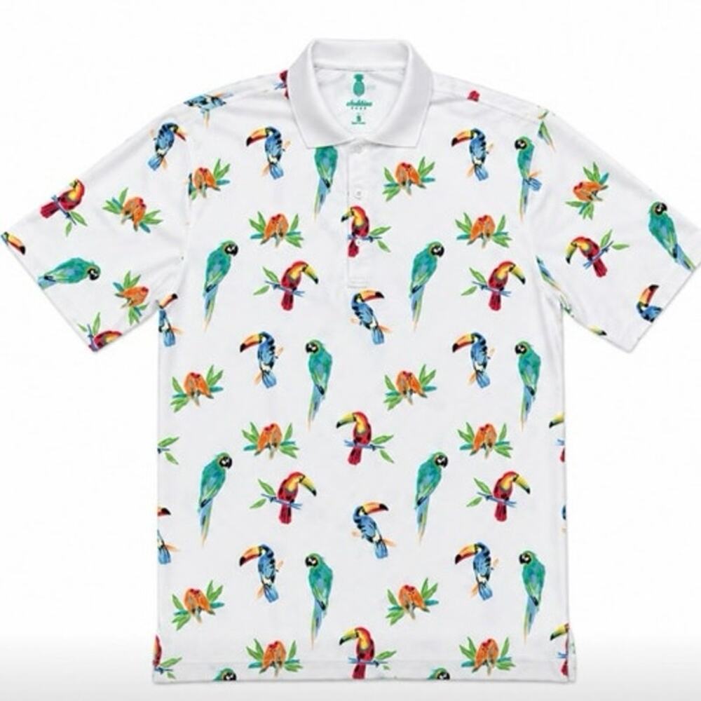 Chubbies Golf Polo Shirt Tropical Bird Print White Performance Polo Men’s Small